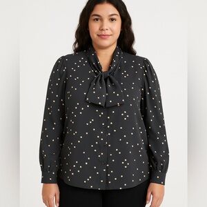 Vintage Judy Bond Black and Tan Long Sleeve Tie Neck Button Down Blouse